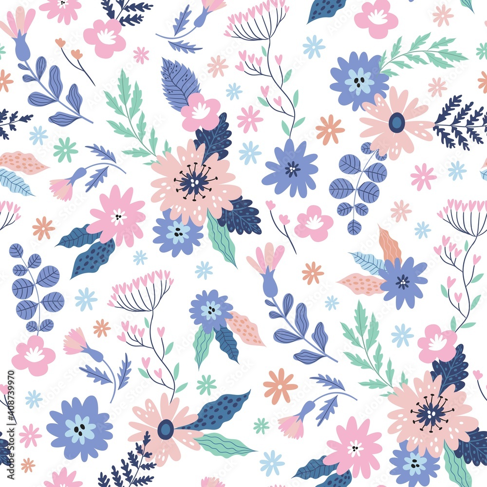 Colorful seamless pattern with flowers. Summer floral repeat background for fabrics or wallpapers. 