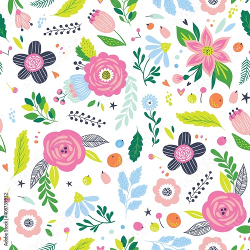 Colorful seamless pattern with flowers. Summer floral repeat background for fabrics or wallpapers. 
