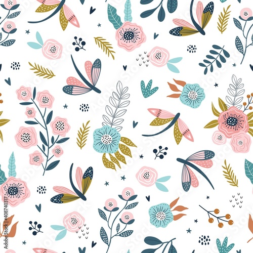 Colorful seamless pattern with dragonflies and flowers in Scandinavian style. Summer floral repeat background for fabrics or wallpapers. Butterfly and dragonflies design.