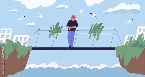 Unhappy alone young man standing on bridge between river banks in city park. Sad thoughtful guy thinking about problems and difficulties in solitude. Colorful flat vector illustration