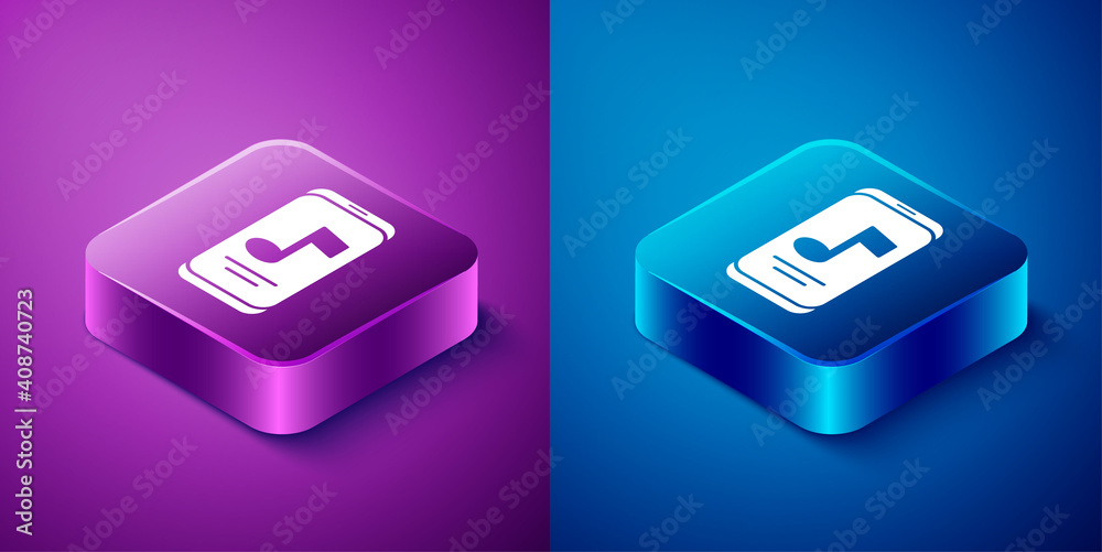 Isometric Music player icon isolated on blue and purple background. Portable music device. Square button. Vector. Isometric Music player icon isolated on blue and purple background. Portable music device. Square button. Vector.