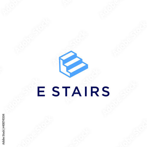 letter E stairs logo vector with modern simple design and blue color