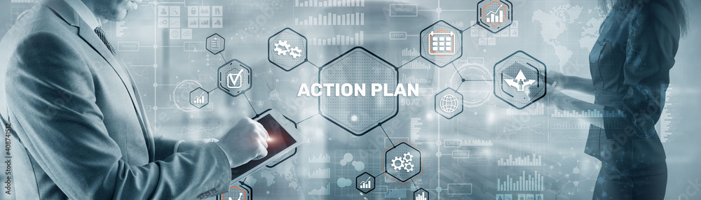 Businessman touching finger: Action Plan. Inscription on the virtual screen.