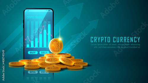Bitcoin cryptocurrency with pile of coins and smartphone, Vector illustrator