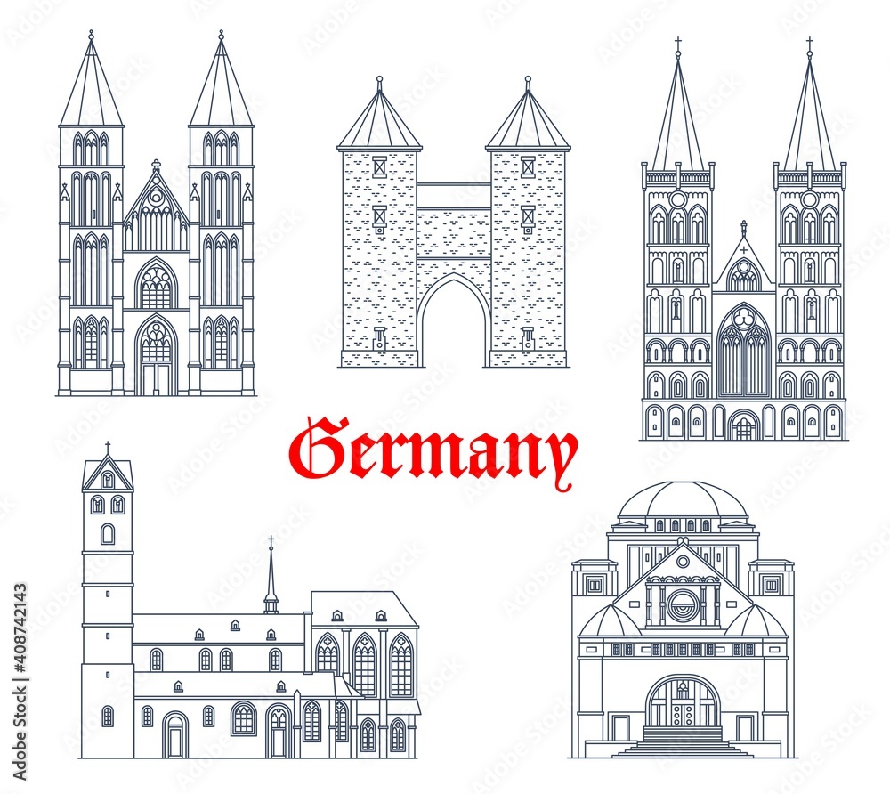 Germany landmark buildings and travel icons, Dortmund architecture vector icons. German landmarks of St Maria church in Kleve, synagogue in Hessen, gothic cathedral dom and Tor gates in Xanten