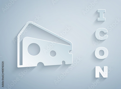 Paper cut Cheese icon isolated on grey background. Paper art style. Vector.