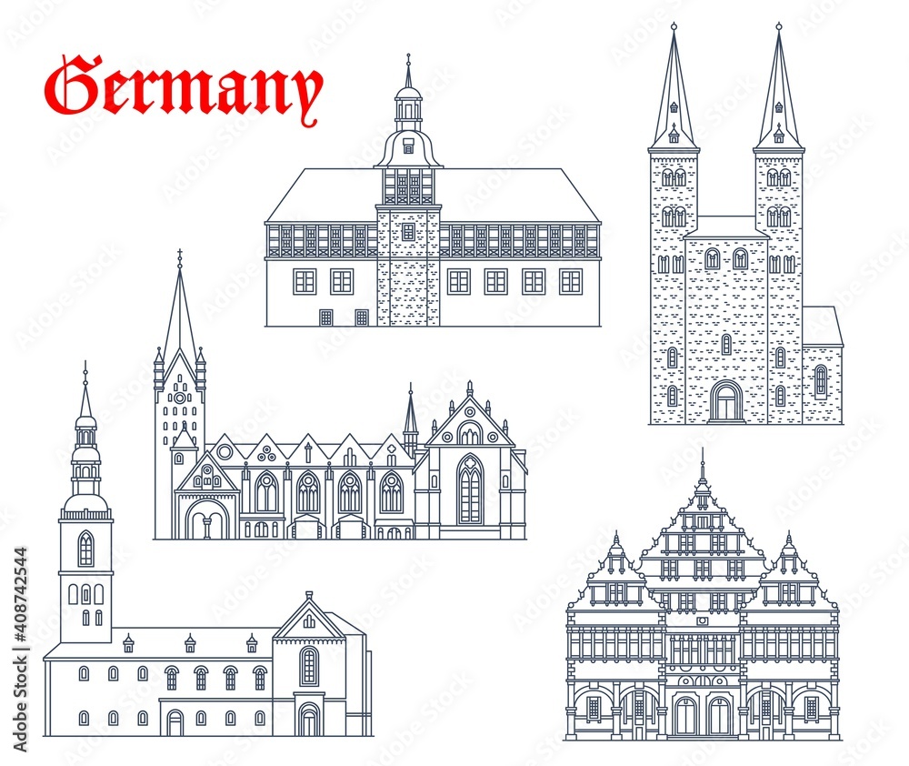 Germany landmark buildings and architecture icons, German churches and cathedrals, vector. St Kilian kirche in Hoexter and Peterkirche church in Soest, rathaus and cathedral dom in Padeborn