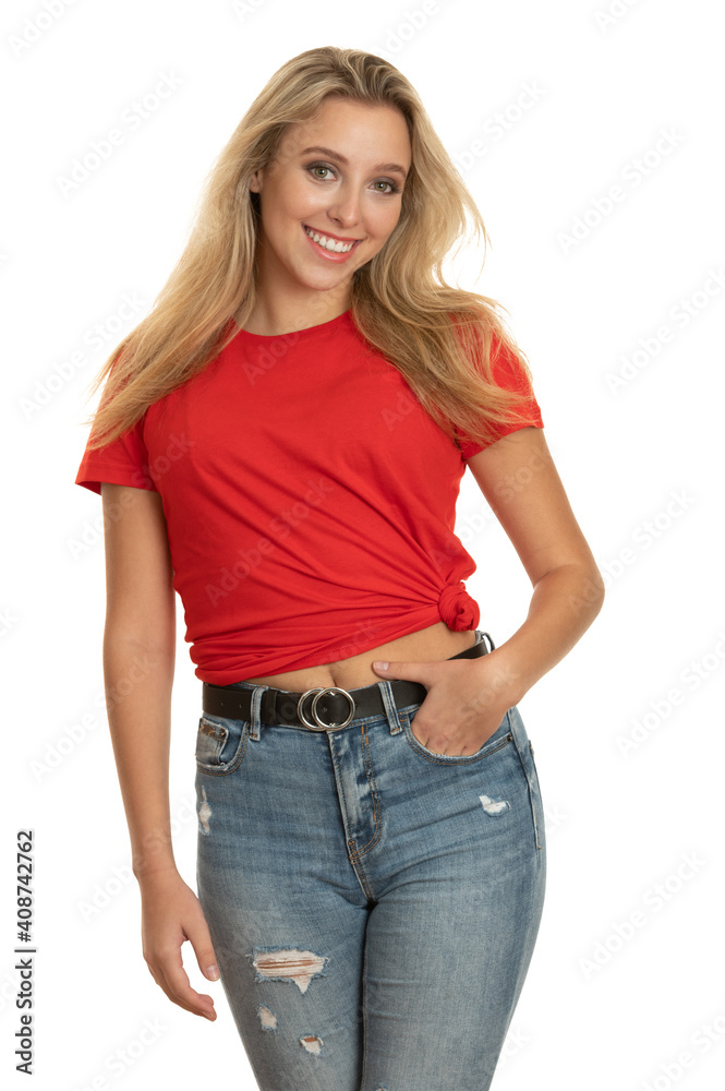 Portrait of a cute teenage girl in red tshirt over white Portrait of a cute teenage girl in red tshirt over white