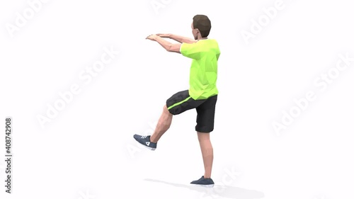 Man exercise animation 3d model on a white background in the yellow t-shirt. Low Poly Style
Turntable camera view.