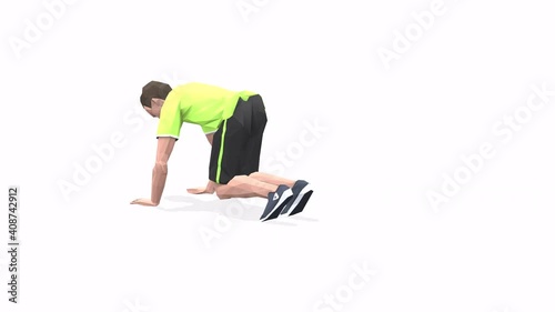 Man exercise animation 3d model on a white background in the yellow t-shirt. Low Poly Style
Turntable camera view.