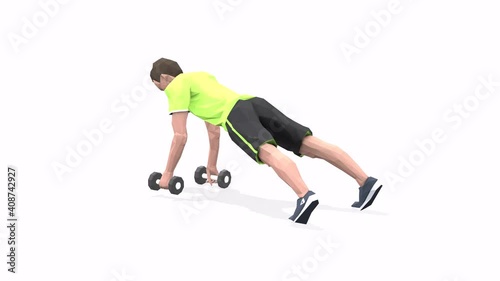 Man exercise animation 3d model on a white background in the yellow t-shirt. Low Poly Style
Turntable camera view.