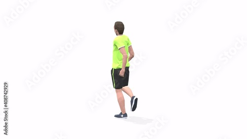 Man exercise animation 3d model on a white background in the yellow t-shirt. Low Poly Style
Turntable camera view.