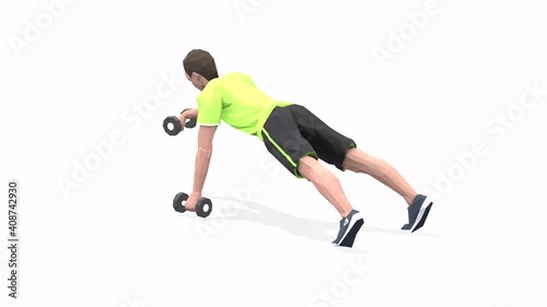 Man exercise animation 3d model on a white background in the yellow t-shirt. Low Poly Style
Turntable camera view.