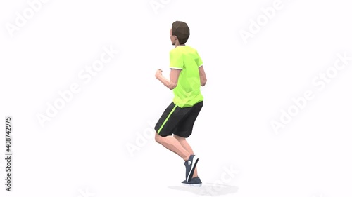 Man exercise animation 3d model on a white background in the yellow t-shirt. Low Poly Style
Turntable camera view.
