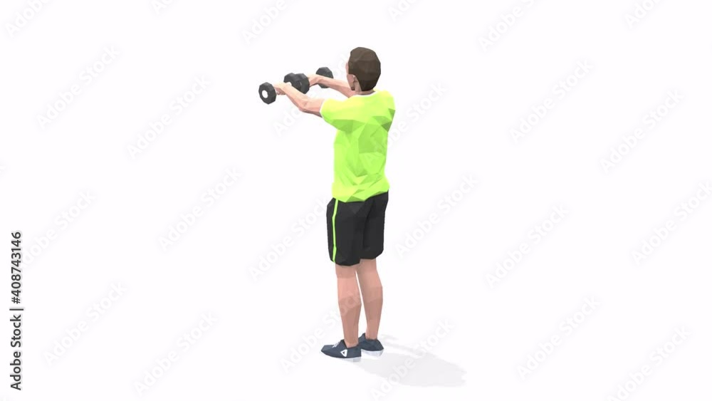 Man exercise animation 3d model on a white background in the yellow t-shirt. Low Poly Style
Turntable camera view.