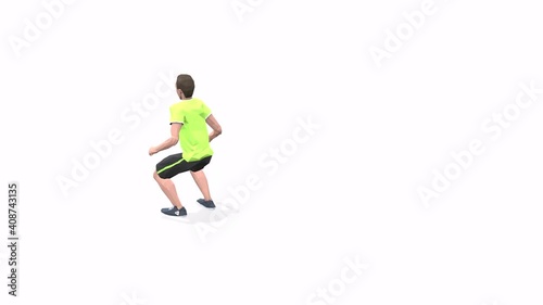 Man exercise animation 3d model on a white background in the yellow t-shirt. Low Poly Style
Turntable camera view.
