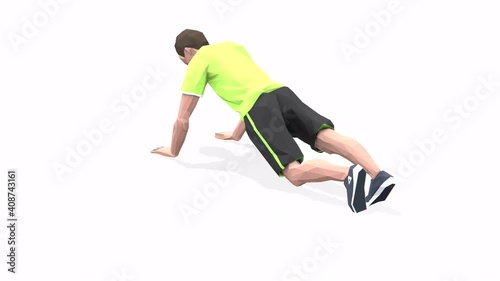 Man exercise animation 3d model on a white background in the yellow t-shirt. Low Poly Style
Turntable camera view.