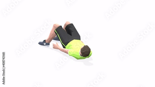 Man exercise animation 3d model on a white background in the yellow t-shirt. Low Poly Style
Turntable camera view.