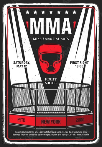Mixed martial arts tournament grungy flyer or poster. Illuminated with searchlights MMA octagon cage and boxing headgear vector. Fighting club, cage fighting championship retro banner