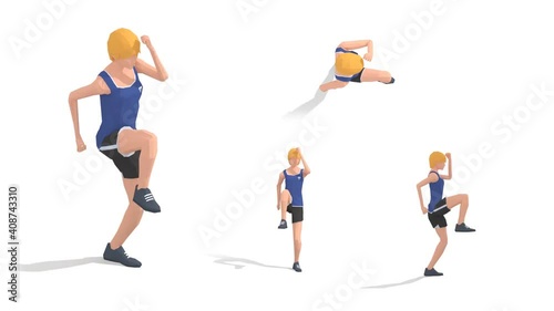 Man exercise animation 3d model on a white background in the t-shirt. Low Poly Style
