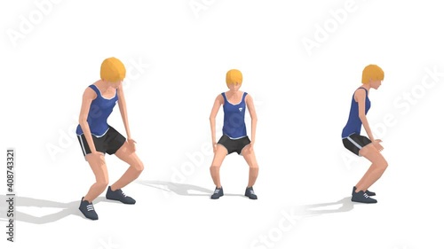Man exercise animation 3d model on a white background in the t-shirt. Low Poly Style
