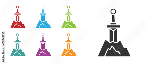 Black Sword in the stone icon isolated on white background. Excalibur the sword in the stone from the Arthurian legends. Set icons colorful. Vector.