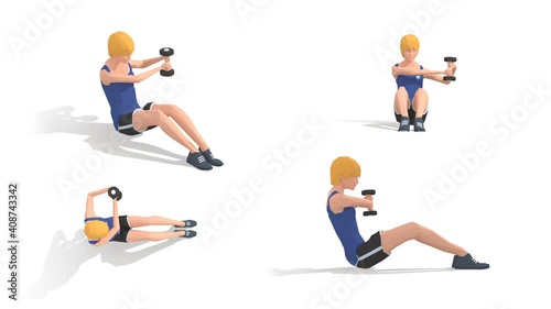Man exercise animation 3d model on a white background in the t-shirt. Low Poly Style
