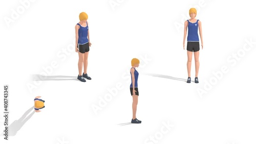 Man exercise animation 3d model on a white background in the t-shirt. Low Poly Style
