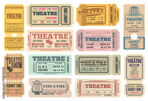Theatre show, actors performance retro tickets set with comedy and tragedy masks, lira musical instrument and ancient greece columns vector. Theater admission pass, admit one with tear-off perforation