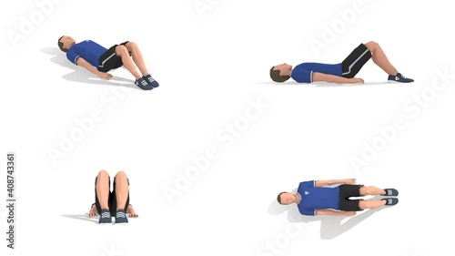Man exercise animation 3d model on a white background in the t-shirt. Low Poly Style
Turntable camera view.