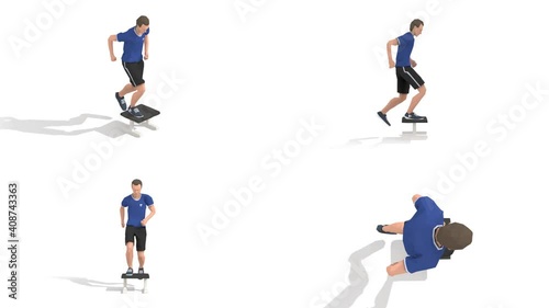Man exercise animation 3d model on a white background in the t-shirt. Low Poly Style
Turntable camera view.