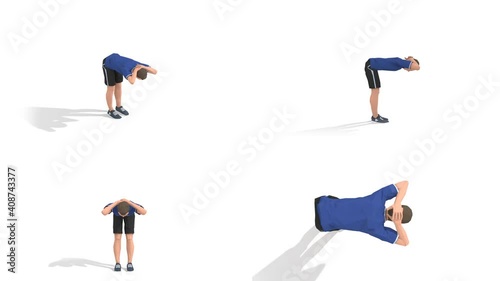 Man exercise animation 3d model on a white background in the t-shirt. Low Poly Style
Turntable camera view.
