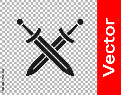 Black Crossed medieval sword icon isolated on transparent background. Medieval weapon. Vector.