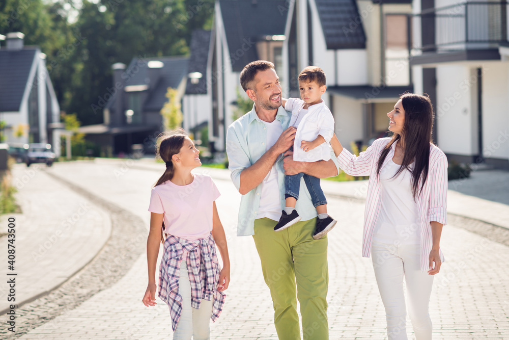 Portrait of nice adorable cheerful dad mom small little kids going spending sunny day holiday outside cottage comfort residence Portrait of nice adorable cheerful dad mom small little kids going spending sunny day holiday outside cottage comfort residence