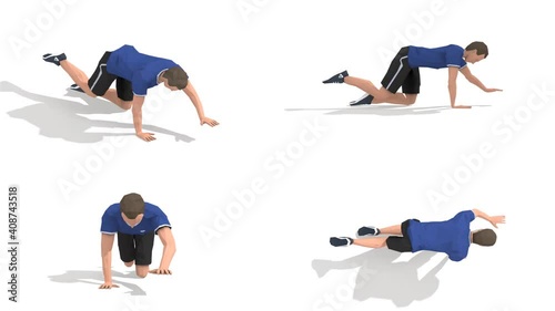 Man exercise animation 3d model on a white background in the t-shirt. Low Poly Style
Turntable camera view.