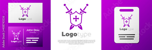 Logotype Medieval shield with crossed swords icon isolated on white background. Logo design template element. Vector.