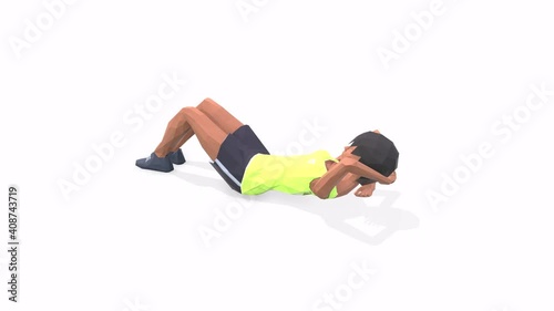 Woman exercise animation 3d model on a white background in the t-shirt. Low Poly Style
Turntable camera view.