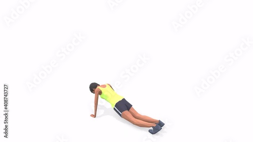 Woman exercise animation 3d model on a white background in the t-shirt. Low Poly Style
Turntable camera view.