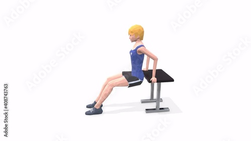 Woman exercise animation 3d model on a white background in the t-shirt. Low Poly Style
Turntable camera view.