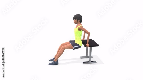 Woman exercise animation 3d model on a white background in the t-shirt. Low Poly Style
Turntable camera view.