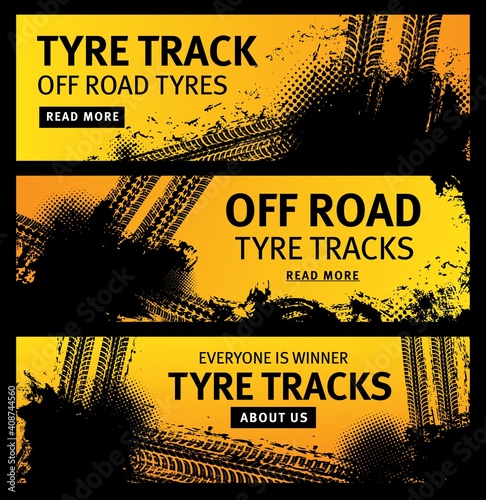 Off road tyre tracks vector black grunge tire prints for automobile service. Rally, motocross dirty tires pattern, offroad grungy textured trails and typography. Vehicle skid design banners set