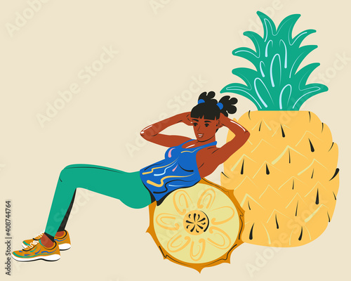 Fat burning. The girl doing sit up. Sports and slimming foods. Cartoon vector illustration.