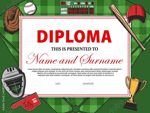 Baseball certificate, sport award diploma and cup winner appreciation, vector template border. Baseball tournament sport victory certificate and honor diploma with scoreboard and golden trophy cup