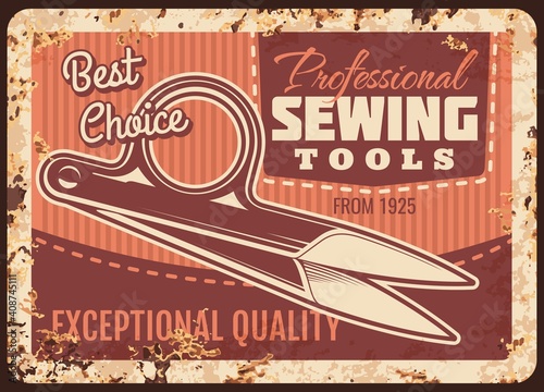 Professional sewing tools rusty metal plate with ripper and stitch on vector vintage rust background. Tailor instruments shop, studio, atelier workshop tin sign, ferruginous ad retro poster for store