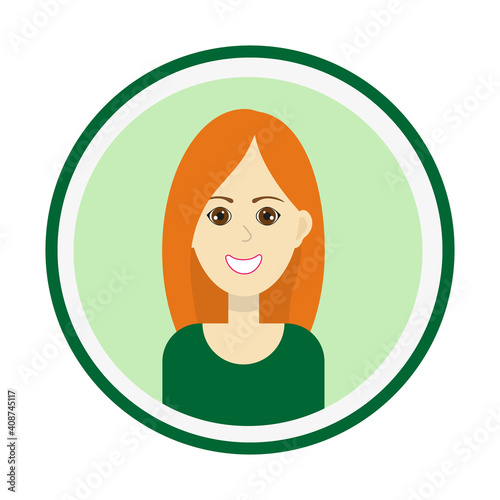 Female avatar. Cute woman’s portrait on green background. Smiling girl face with long unfastened red hair and brown eyes. Isolated vector illustration.