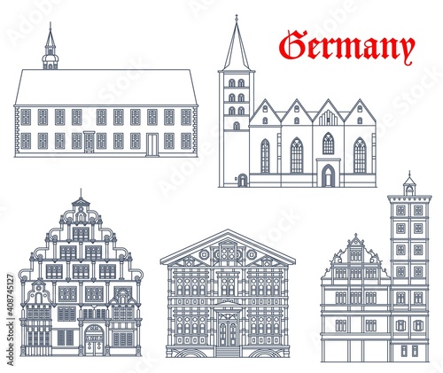 Germany landmark buildings, fachwerk architecture houses, churches and castles vector icons. Junkerhaus, St Jodokus church in Bielefeld and St Nicolai kirche, Hexenburgermeisterhaus and Schloss Brake