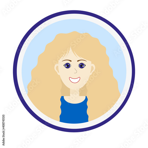 Female avatar. Cute woman’s portrait on light blue background. Smiling girl face with blond curly hair and blue eyes. Isolated vector illustration.