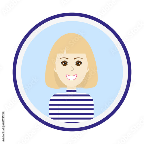 Female avatar. Cute woman’s portrait on light blue background. Smiling girl face with medium length blond hair and brown eyes. Isolated vector illustration.