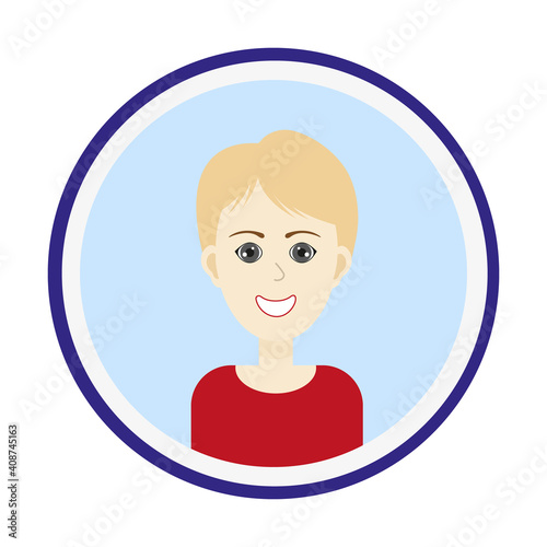Female avatar. Cute woman’s portrait on light blue background. Smiling girl face with short blond hair and grey eyes. Isolated vector illustration.