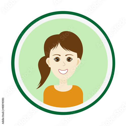Female avatar. Cute woman’s portrait on green background. Smiling girl face with brown hair and side pony tail hairstyle and brown eyes. Isolated vector illustration.